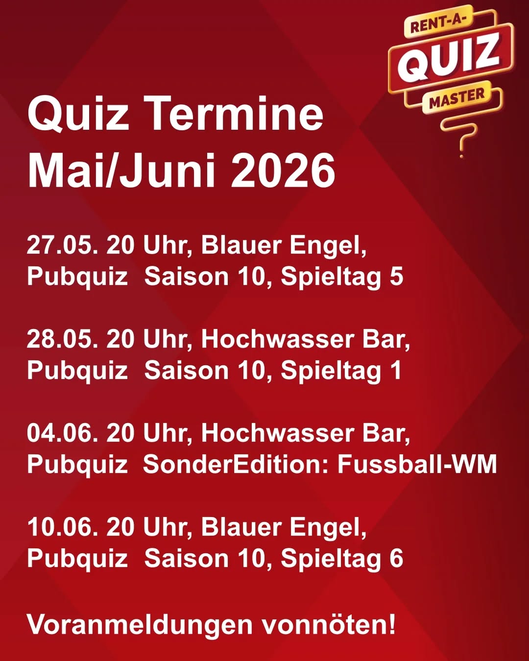 Noch 4 Termine bis zur Sommerpause.
Die letzten zwei Termine im @blauer_engel_luebeck kommt nochmal zahlreich.
In der @hochwasserbarbistro machen wir ein Special am 04.06. zur Fussball WM
Lets Go.