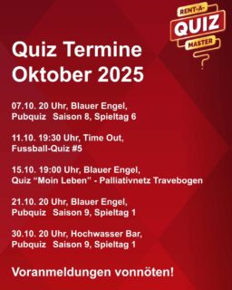 Der Oktober wird picke-packe voll mit tollen abwechslungsreichen Quiz-Events!
Ab Oktober findet unser Quiz im @blauer_engel_luebeck dienstags statt, der Rhythmus alle zwei Wochen bleibt gleich.
Zudem haben wir zwei Extras: Fussball Quiz Nummer 5 im @timeout.luebeck für alle die in der Länderspielpause trotzdem nicht genug von Fussball haben
Und: zum vierten Male das Quiz im Rahmen des Festivals der Endlichkeit statt, dieses Mal unter dem Motto "Moin Leben" für das @palliativnetztravebogen
hier bitte vorab kostenlose Tickets sichern auf Lübeck Tickets
Und die @hochwasserbarbistro ist natürlich auch wieder dabei