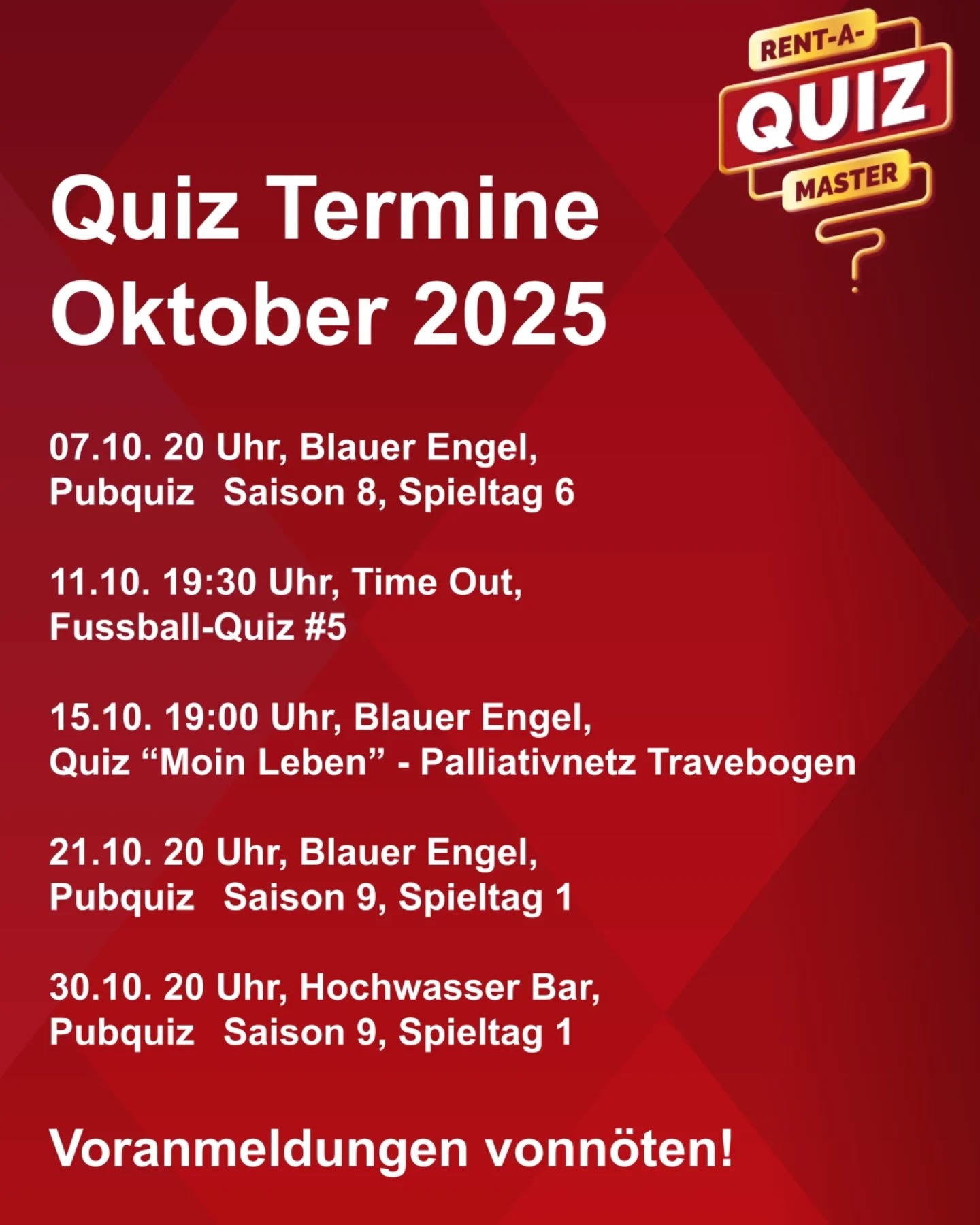 Der Oktober wird picke-packe voll mit tollen abwechslungsreichen Quiz-Events!
Ab Oktober findet unser Quiz im @blauer_engel_luebeck dienstags statt, der Rhythmus alle zwei Wochen bleibt gleich.
Zudem haben wir zwei Extras: Fussball Quiz Nummer 5 im @timeout.luebeck für alle die in der Länderspielpause trotzdem nicht genug von Fussball haben
Und: zum vierten Male das Quiz im Rahmen des Festivals der Endlichkeit statt, dieses Mal unter dem Motto "Moin Leben" für das @palliativnetztravebogen
hier bitte vorab kostenlose Tickets sichern auf Lübeck Tickets
Und die @hochwasserbarbistro ist natürlich auch wieder dabei