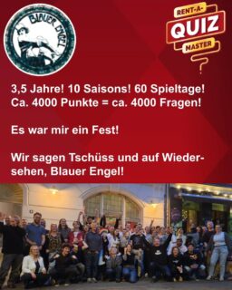 Danke für diese tolle Zeit und an das Team vom @blauer_engel_luebeck für tolle 10 Saisons und vor allem viel Liebe für alle Quizbegeisterten, die im Laufe der fast 4 Jahre diese Veranstaltung zu einer solch tollen gemacht haben.
Weiter geht's im September in einer neuen Location, die wird bald verraten.
Over and out.